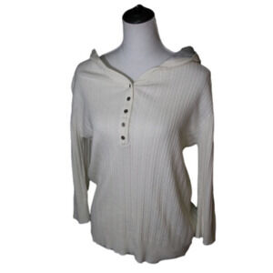 FADED Glory Cream Hooded Long Sleeve Partial Button Front Top Size Large